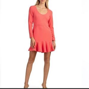 Trina Turk Form 3 Scoop Neck Long Sleeve Flounce Hem Flare Sz 10 coral